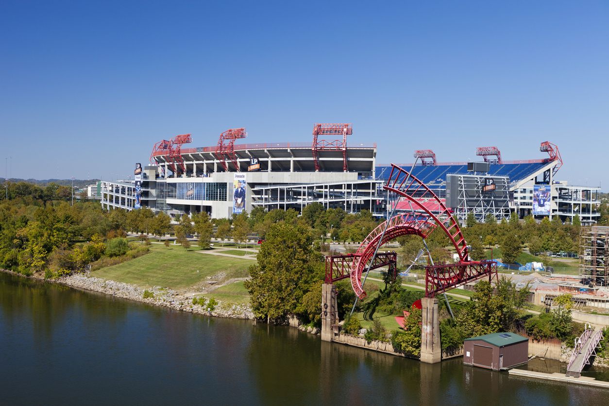 Nissan Stadium exterior with Cumberland River in front, home of the Tennessee Titans in downtown Nashville