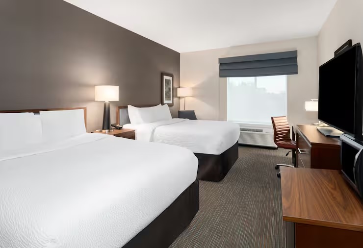 Hotel room with two queen sized beds.