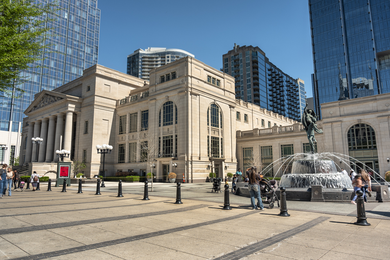 Exterior view of Schermerhorn Symphony Center in downtown Nashville, Tennessee at sunset