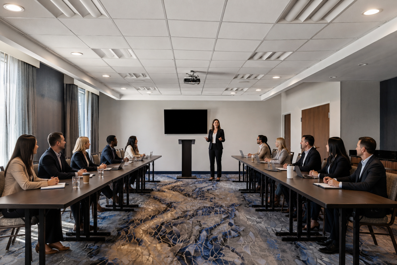 Business attendees watching a presenter in a small meeting room in Nashville